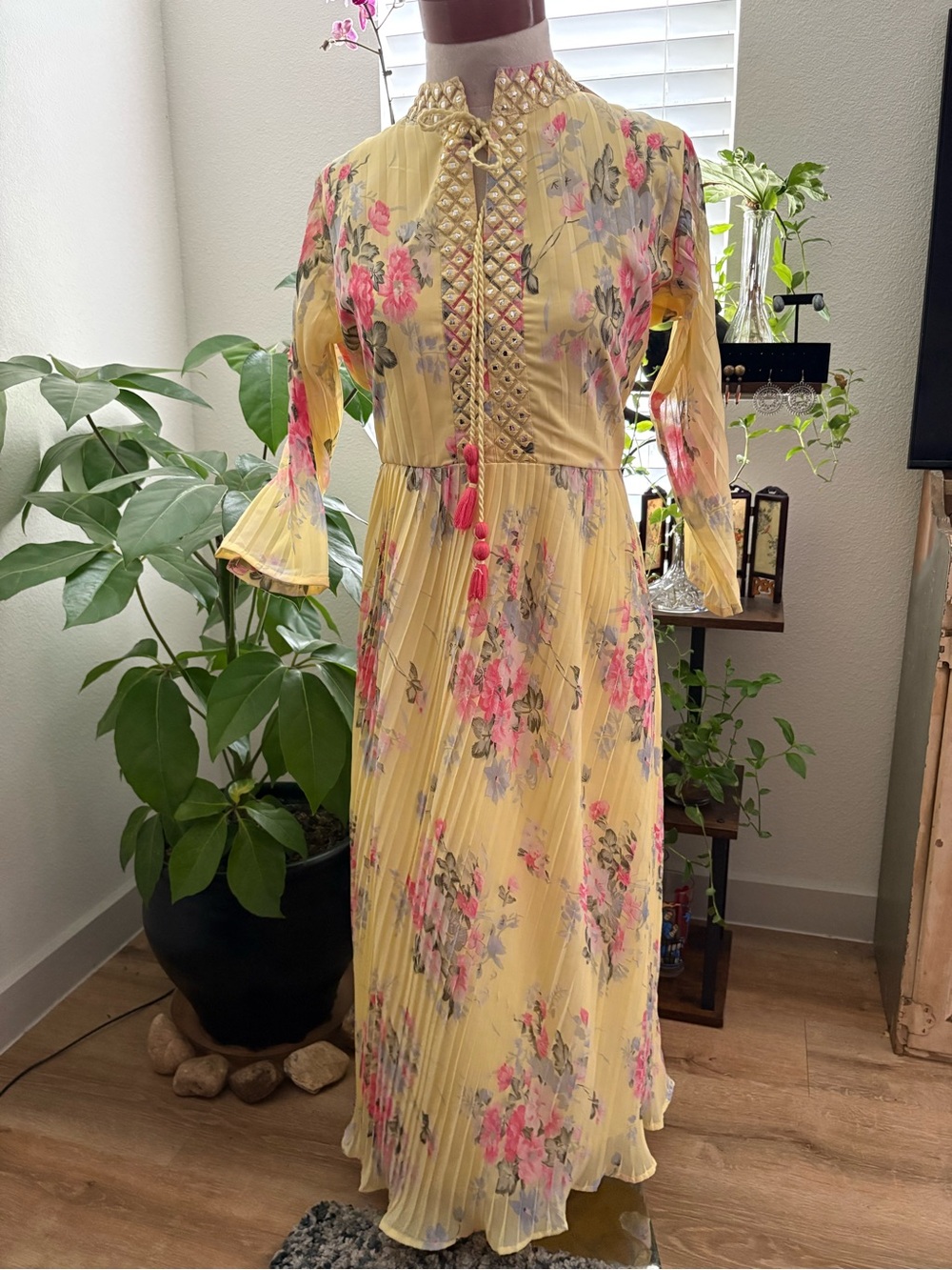 Dubai Silk Yellow Floral Maxi Dress Embellished Yoke Accordion Skirt BRAND NEW